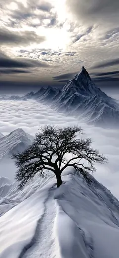 Einsamer blattloser Baum auf einem verschneiten Berggrat über den Wolken.