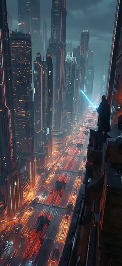 Tauchen Sie ein in die Tiefen von Coruscant! Laden Sie dieses atemberaubende Star Wars Hintergrundbild mit einem Jedi-Ritter vor der futuristischen Skyline als HD Wallpaper herunter. Perfekt für Smartphone-Displays.