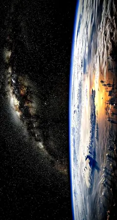 Erde vom Weltraum mit sichtbarem Sonnenaufgang und Milchstraße im Hintergrund – hochauflösendes 4K Wallpaper für Smartphones