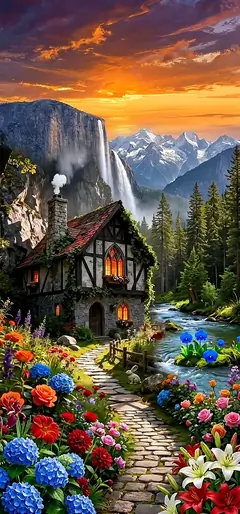 Fantasy Handy Hintergrundbild mit Cottage Haus, buntem Blumengarten, Wasserfall und Bergen bei Sonnenuntergang.
