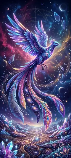 Leuchtender Fantasy Phönix im Weltraum mit Sternen und kosmischer hintergrundbilder Atmosphäre in 4K.