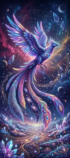 leuchtender fantasy phönix in einer galaxie mit kristallen als fantasy hintergrundbilder und kostenlose hintergrundbilder 4k für iphone.