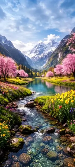 Klarer Fluss zwischen Bergen, blühenden Bäumen und bunten Blumen in idyllischer Frühlingslandschaft.