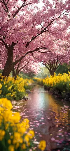 Frühlingslandschaft mit rosa Kirschblüten, Fluss und gelben Blumen Handy Hintergrundbild