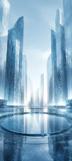 Futuristische Eisstadt mit blauen Wolkenkratzern und Spiegelungen – modernes Wallpaper aus der Sammlung futuristischer Hintergrundbilder.