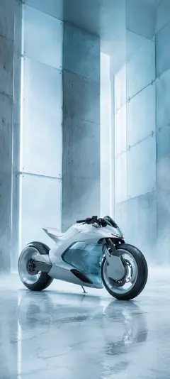 Weißes futuristisches Concept Bike in moderner Architektur – elegantes Wallpaper aus der Sammlung außergewöhnlicher Motorrad-Hintergrundbilder.