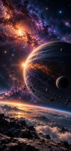 Großer fremder Planet mit Monden vor einer leuchtenden Galaxie und einem farbenreichen Sternenhimmel als 4K Hintergrundbild