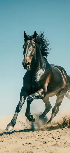 Dunkles Pferd galoppiert durch Wüstensand unter strahlend blauem Himmel als Handy Hintergrundbild.