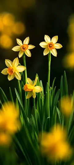 Leuchtende gelbe Narzissen mit weichem Hintergrund als ästhetisches Blumen Wallpaper für Smartphones.