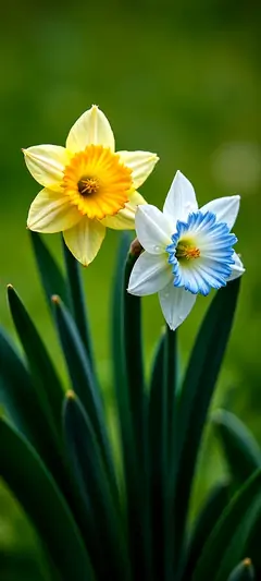 Gelbe und blaue Blumen mit grünen Blättern in detailreicher blumen hintergrundbilder Makroaufnahme in 4K.