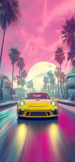 Gelber Porsche 911 auf einer Straße mit Palmen vor einem riesigen Mond und pinkem Himmel im Synthwave-Stil als Handy Hintergrundbild.
