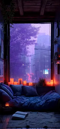 Gemütliches Zimmer am Regentag mit Kerzen und lila Stadtblick Handy Hintergrundbild