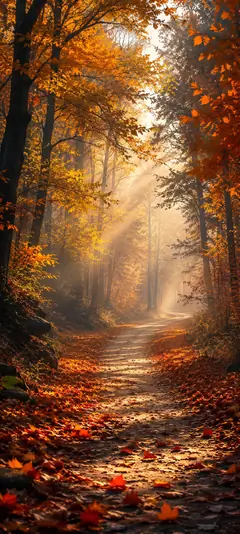 Herbst Hintergrundbilder mit goldenem Waldweg, orangefarbenen Blättern und warmen Sonnenstrahlen im herbstlichen Wald.