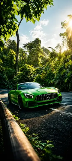 Grüner Mercedes AMG Sportwagen auf einer tropischen Straße im dichten Wald mit Sonnenlicht als vertikales Handy Wallpaper