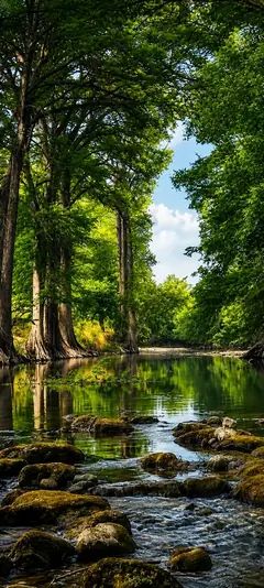 Grüner Wald mit ruhigem Fluss, Felsen im Wasser, hohen Bäumen und blauem Himmel als vertikales Handy Wallpaper