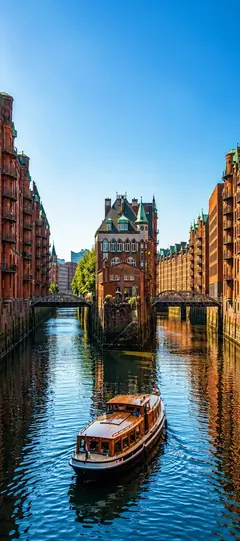 Hamburger Speicherstadt mit Wasserschloss, historischen Backsteingebäuden, Kanal und Hafenbarkasse als Handy Hintergrundbild