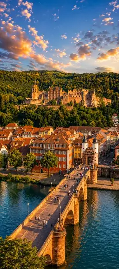 Alte Brücke über den Neckar mit Heidelberger Altstadt und Schloss bei Sonnenuntergang als Handy Hintergrundbild