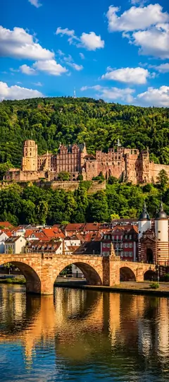 Heidelberger Schloss über der Altstadt mit Alter Brücke, Neckar, grünen Wäldern und blauem Himmel als Handy Hintergrundbild
