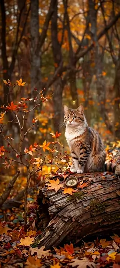Katze auf Baumstamm im herbstlichen Wald mit goldenen Blättern und warmer Naturstimmung.