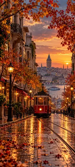 KI-generiertes Istanbul Hintergrundbild mit roter Straßenbahn, orangefarbenen Herbstbäumen, nasser Straße und Galataturm bei goldenem Sonnenuntergang