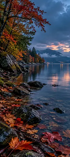 Herbstlicher Bergsee mit bunten Blättern, felsigem Ufer, Bergen und Abendhimmel als 4K Hintergrundbild
