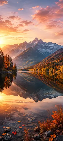 Herbst Hintergrundbilder mit Bergsee, orangefarbenem Herbstwald, hohen Bergen und goldenem Sonnenuntergang mit Spiegelung im Wasser.