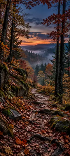 Herbstlicher Waldweg mit buntem Laub zwischen hohen Bäumen und Blick auf Berge im warmen Sonnenuntergang