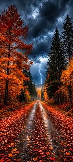iPhone 18 Hintergrundbild mit herbstlicher Waldstraße, orangefarbenen Bäumen, nassem Weg und dramatischem Himmel für iPhone 18 Pro und iPhone 18 Pro Max