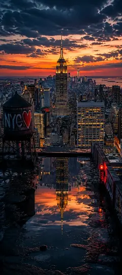 New York Wallpapers 4K mit Empire State Building, Manhattan Skyline und Spiegelung bei Sonnenuntergang