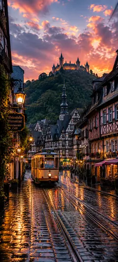 Historische Altstadt mit Straßenbahn, nasser Straße und Burg auf dem Hügel bei Sonnenuntergang als 4K Handy Hintergrundbild