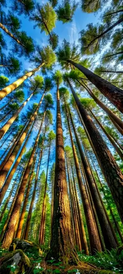 Hohe grüne Waldbäume unter blauem Himmel mit beeindruckender hintergrundbilder Naturperspektive.