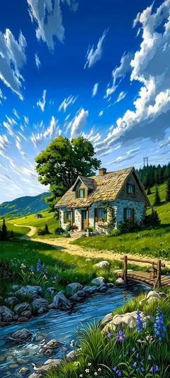 Gemütliches Landhaus neben Bach, grünen Wiesen und blauem Himmel in idyllischer Naturkulisse.