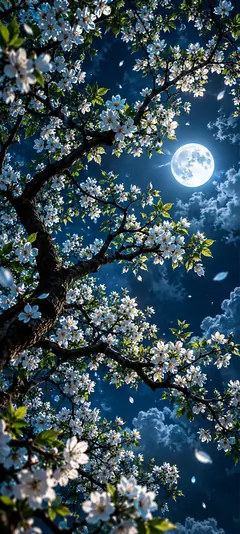 iPhone 18 Hintergrundbild mit weißen Blütenzweigen, leuchtendem Vollmond und blauem Nachthimmel als 4K Wallpaper