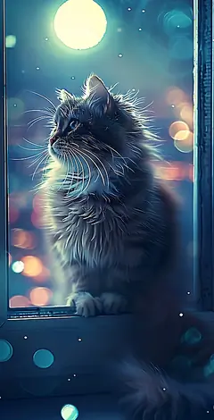 Eine flauschige Katze sitzt nachts am Fenster und blickt in den leuchtenden Vollmond, mit unscharfen Stadtlichtern im Hintergrund.