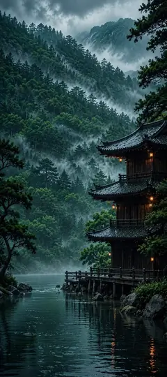 traditioneller japanischer tempel am see vor nebeligen bergen als japan hintergrundbilder und kostenlose handy hintergrundbilder 4k für iphone und samsung.