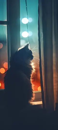 Schwarze Katze am Fenster mit warmen Nachtlichtern und dunkler gemütlicher Atmosphäre.