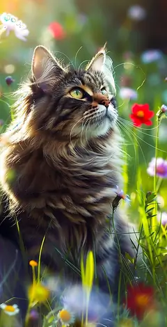 Eine flauschige, getigerte Katze sitzt in einer sonnigen Blumenwiese und blickt neugierig nach oben, 4K Wallpaper.