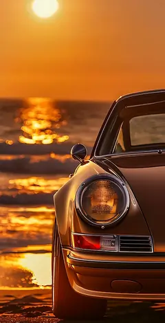 Ein klassisches braunes Sportauto parkt am Strand vor einem leuchtenden Sonnenuntergang und Ozeanwellen, 4K Wallpaper.