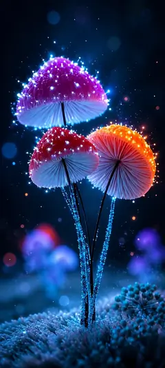 leuchtende fantasy pilze mit funkelnden lichtern als schöne blumen hintergrundbilder und coole hintergrundbilder in 4k.