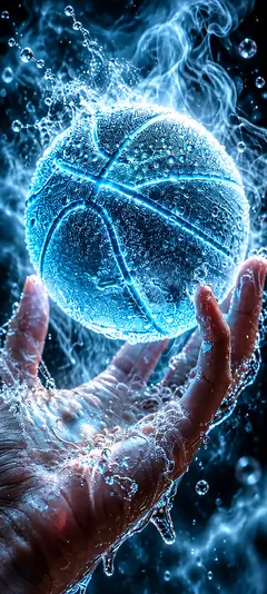 iPhone 18 Hintergrundbild mit leuchtendem blauem Basketball über einer Hand, Wasserpartikeln und Energieeffekten für iPhone 18 Pro und iPhone 18 Pro Max
