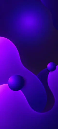 Abstraktes iPhone 18 Hintergrundbild mit violetten 3D-Kugeln, leuchtenden lila Farbverläufen und geschwungenen Formen auf dunkelviolettem Hintergrund.