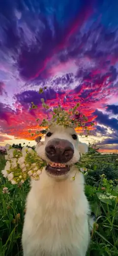Lustiges Alpaka 4K iPhone Hintergrundbild mit Blumen und Sonnenuntergang