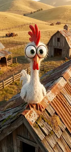 Lustiges Cartoon Huhn auf einem Scheunendach in ländlicher Farm Landschaft als Handy Hintergrundbild.