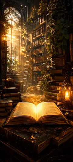 Offenes Buch in einer alten Bibliothek mit warmem Licht und hohen Bücherregalen als 4K Handy Hintergrundbild