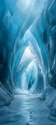 Magische blaue Eishöhle mit gefrorenem Weg – winterliches Wallpaper aus der Sammlung eisiger Hintergrundbilder.