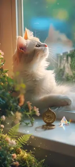 Flauschige weiße Katze in märchenhafter Natur mit sanftem Licht und magischer Atmosphäre.