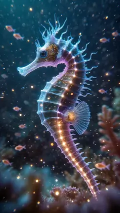 Vertikales Handy-Hintergrundbild: Ein leuchtendes, biolumineszierendes Seepferdchen unter Wasser mit violetten und goldenen Lichteffekten, umgeben von kleinen Fischen und funkelnden Partikeln.