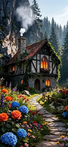 Fantasy Handy Hintergrundbild mit magischem Waldhaus, bunten Blumen und gemütlicher Cottage Atmosphäre.