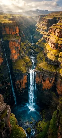 Hoher Wasserfall in tiefem Canyon mit warmen Felsen und beeindruckender Naturstimmung.