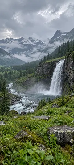 Großer Wasserfall in grüner Berglandschaft mit Fluss, Felsen, Nadelwald, Nebel und wolkenverhangenen Bergen als Natur Hintergrundbild